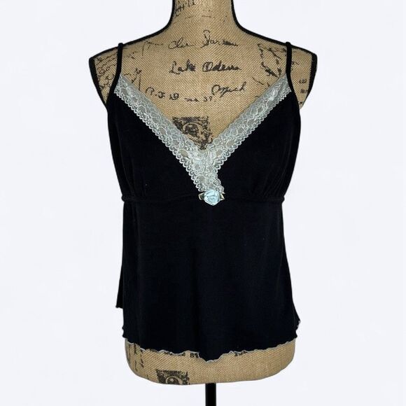 Delicates Y2K Babydoll Lace Trim Cami Tank Top Sz L Black Blue Lettuce Hem Rose - Picture 1 of 12